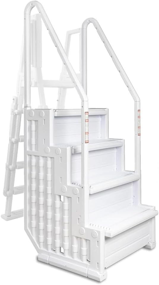 Aqua Select Everest in Pool Step and Outside Flip Up Ladder System | White | for Above Ground Swimming Pools | Wide Steps for Added Stability | Safety Stairs Capacity Up to 350 lbs