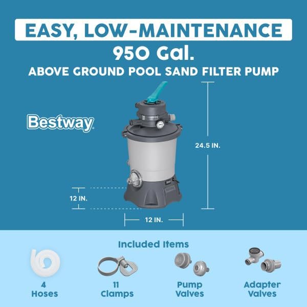 Bestway 950 Gallon Sand Filter Pool Pump for 300 to 4,800 Gallon Above Ground Outdoor Swimming Pools with Pre-Filter Strainer for Clean Water