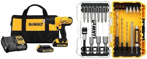 DEWALT 20V Max Cordless Drill Driver Power Tool Set, 2 Batteries and Charger Included with 20 Piece DEWALT Screwdriver Bit Set and Drill Bits, Rapid Load, Tin, 20-Piece, (DCD771C2) and (DW2503)