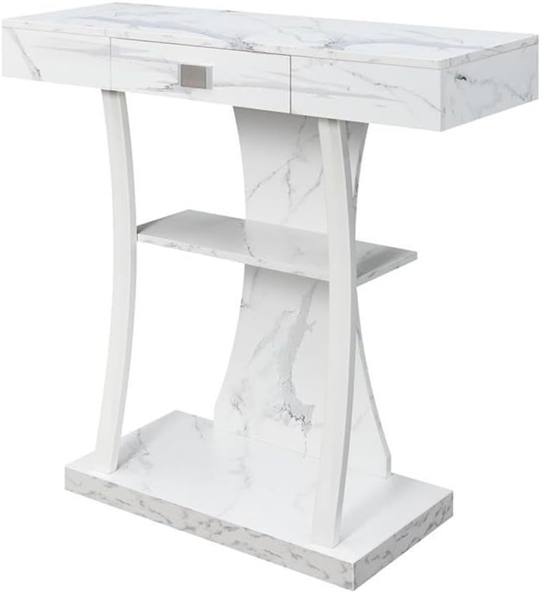 Convenience Concepts Newport Harri Console Table 36' - Modern Sofa Table with Storage Shelves, One Drawer Narrow Entryway Hall Table for Living Room, White Faux Marble/White