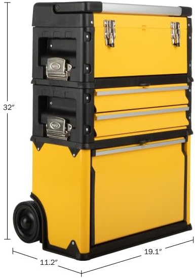 Rolling Tool Box with Wheels - Stackable Tool Box Organizer - Portable Metal Toolbox Tool Chest with Drawers for Garage Workshop by Stalwart (Yellow)