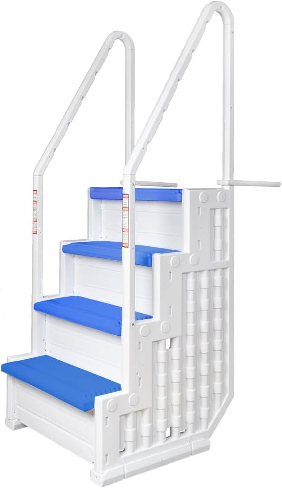 Aqua Select Everest in Pool Step and Outside Flip Up Ladder System | White with Blue Steps | for Above Ground Swimming Pools | Wide Steps for Added Stability | Safety Stairs Capacity Up to 350 lbs