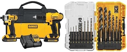 Bundle of DEWALT 20V MAX Cordless Drill and Impact Driver Kit with 2 Batteries and Charger (DCK240C2) + DEWALT Drill Bit Set, 3-Flats Shank,14-Piece, 135 Degree Split Point (DWA1184)