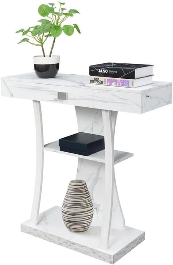 Convenience Concepts Newport Harri Console Table 36' - Modern Sofa Table with Storage Shelves, One Drawer Narrow Entryway Hall Table for Living Room, White Faux Marble/White