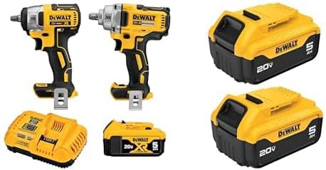 DEWALT 20V MAX Impact Wrench, Cordless 2-Tool Kit, 1/2-Inch Mid-Range and 3/8-inch Compact with 5ah Battery and Charger (DCK205P1) with 20V MAX 5 Ah Lithium Ion Battery 2-Pack (DCB205-2)