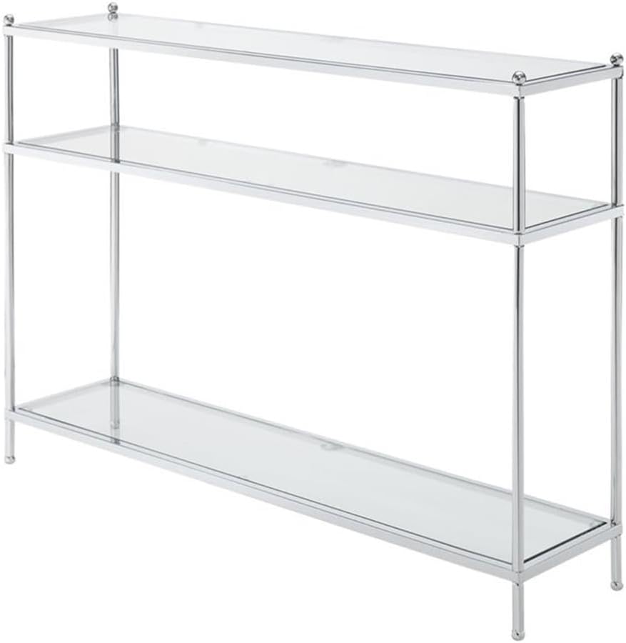 Convenience Concepts Royal Crest Glass Console Hall Table 42' - 3 Tier Modern, Contemporary Narrow Display Accent with Storage Shelves for Living Room, Entryway, Hallway, & Bedroom, Chrome