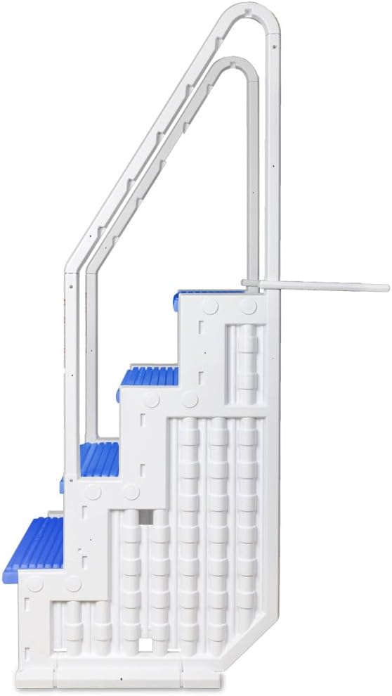 Aqua Select Everest in Pool Step and Outside Flip Up Ladder System | White with Blue Steps | for Above Ground Swimming Pools | Wide Steps for Added Stability | Safety Stairs Capacity Up to 350 lbs