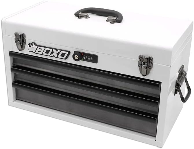 Boxo USA Hand Carry Tool Box 3-Drawer Heavy Duty Steel Toolbox with Lock System (White)