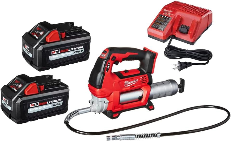 Milwaukee Grease Gun Tool Combo, Tool Kit Included 2646-20 Grease Gun, 2 Pack 48-11-1865 M18 18-Volt Lithium-Ion High Output Battery, 48-59-1812 M12 or M18 Battery Charger