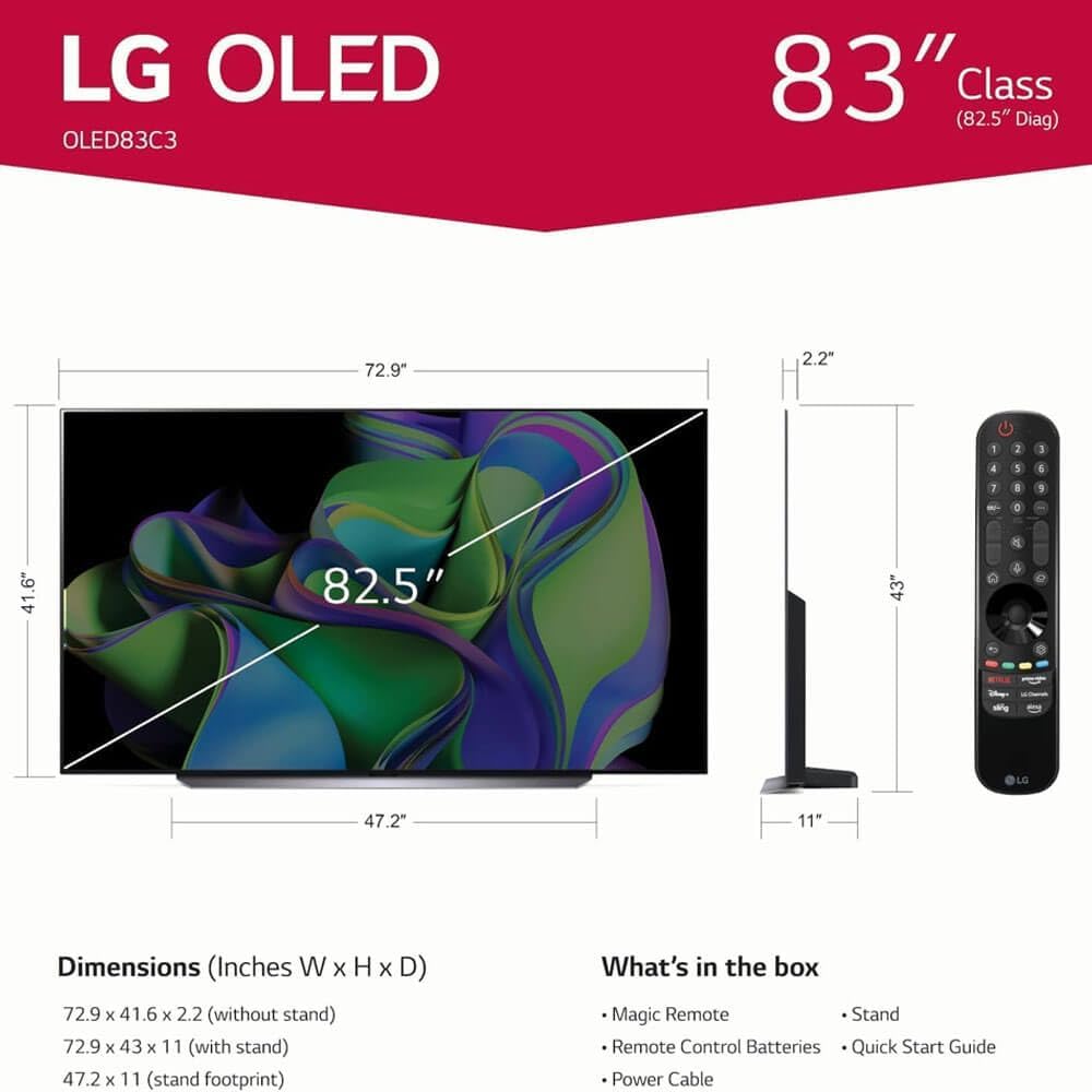 LG OLED83C3KIT1 83 inch OLED C3 HDR 4K Smart OLED TV Bundle - 120 HZ Refresh Rate + UAX 4K HDMI 2.0 Cable + CPS 24 Mon