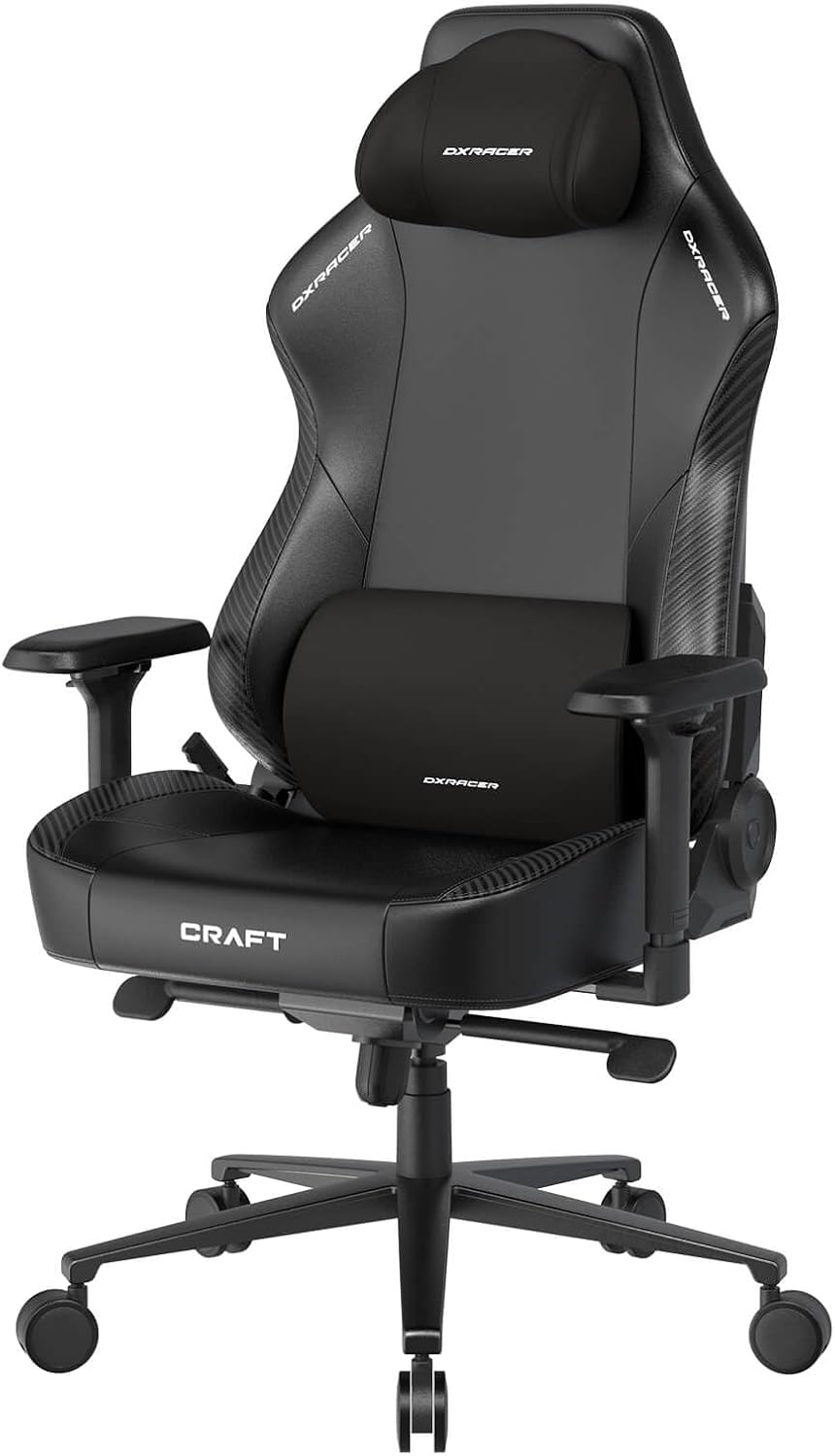 DXRacer Craft L Video Gaming Chair for Adults, Ergonomic Office Reclining Computer Chair with Magnetic Head Pillow and Lumbar Support, Racing Style Height Adjustable (EPU Leatherette, Black)