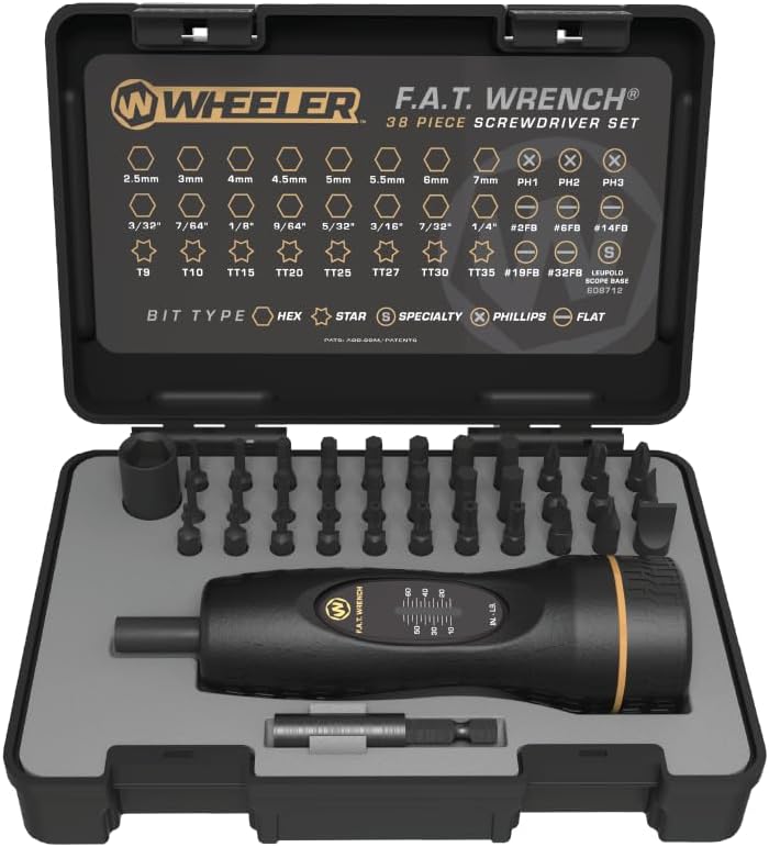 Wheeler 38 Piece FAT Wrench Screwdriver Set with Adjustable Torque Range 10-65 IN-LBs, Corrosion Resistant, Precise Fit Bits, For Scope Mounting, Gun Maintenance, and Gunsmithing