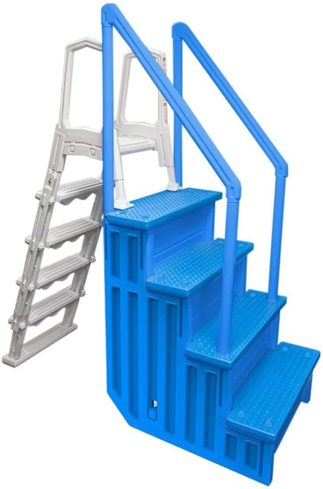 Aqua Select Anti-Slip in-Pool Steps with Outside Flip-Up Ladder | Blue | for Above Ground Swimming Pools | Can Mount to Decks 48' to 54' H | Safety Stairs Capacity Up to 350 lbs