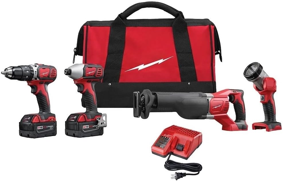 New Cordless 4 Tool Combo Kit 2696-24 for Milwaukee M18 2607-20 1/2' Hammer Drill/Driver 2620-20 Recip Saw 2656-20 1/4' Hex Impact Driver 2735-20 Work Light Kit