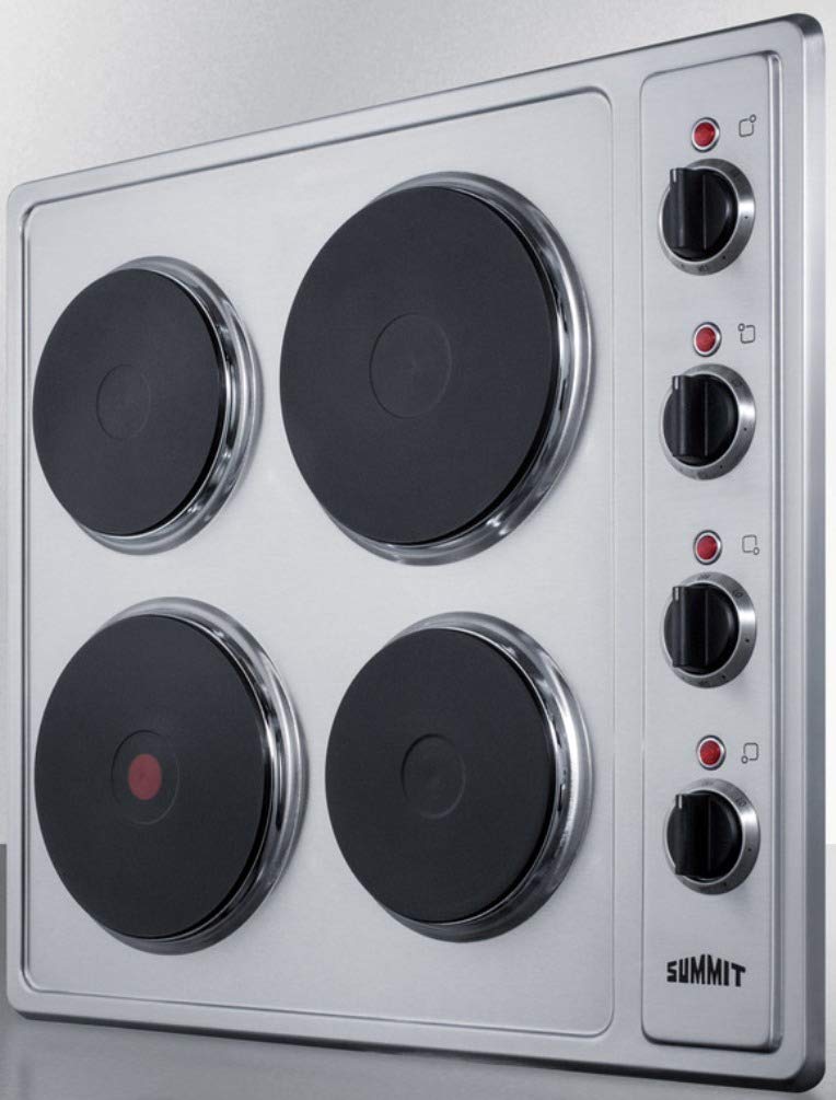 Summit 24' Electric Cooktop, 4 Burners, 230V Solid Disk Cooktop, Stainless Steel and Black- CSD4B24
