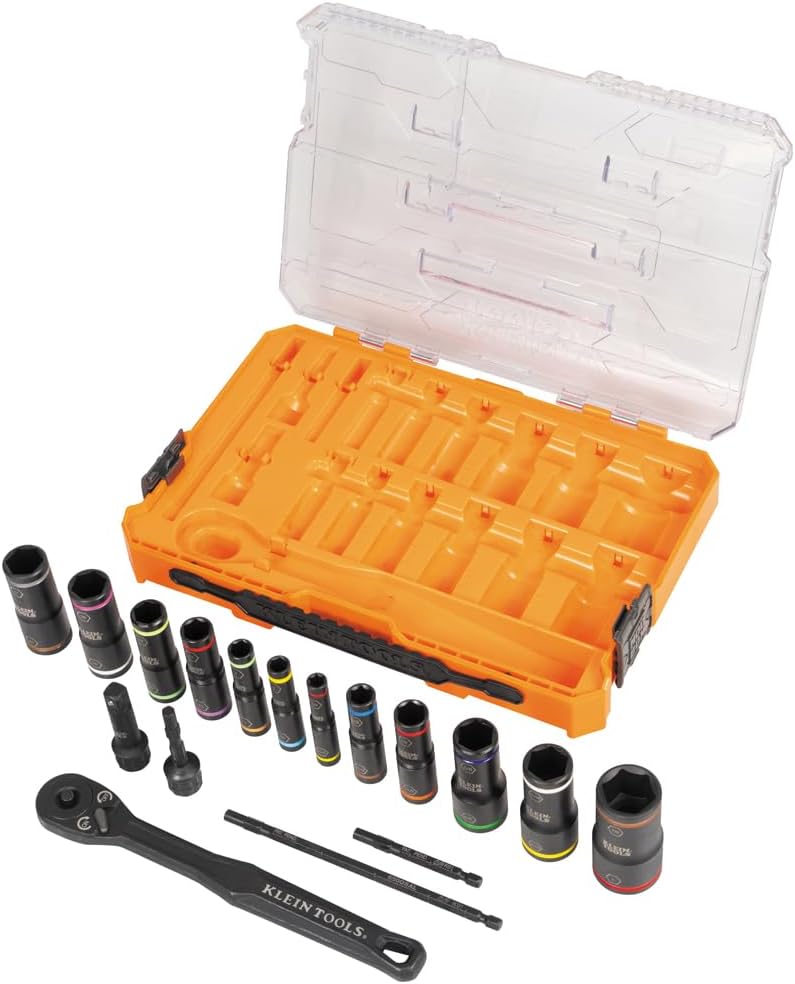 Klein Tools 65626 KNECT Deep Well Impact Socket Set, 3/8-Inch Drive Ratchet, 24 SAE and Metric Flip Socket Sizes, MODbox Case