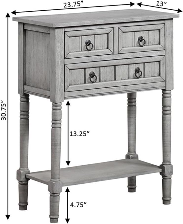 Convenience Concepts Kendra Entryway Hall Table 23.75' - 3 Storage Drawers, Traditional Console with Shelf for Decor, Office & Hallway Organizer, No Tools Assembly, Solid Wood, Wirebrush Light Gray