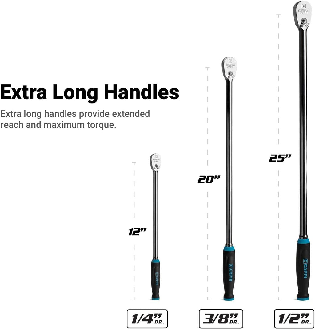Capri Tools Fine 90-Tooth Extra Long Ratchet Set, Ergonomic Soft Grip, 1/4, 3/8, 1/2 in. Drive, 3-Piece