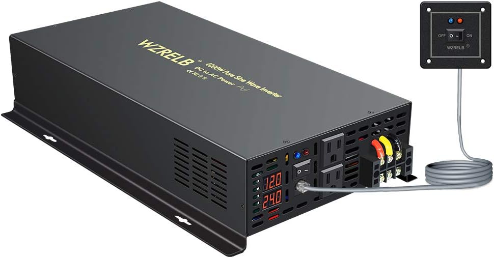 WZRELB 4000W 12VDC 120VAC Pure Sine Wave Power Inverter, 2 AC Outlets, Wired Remote Control, RV (RBP-400012WR)