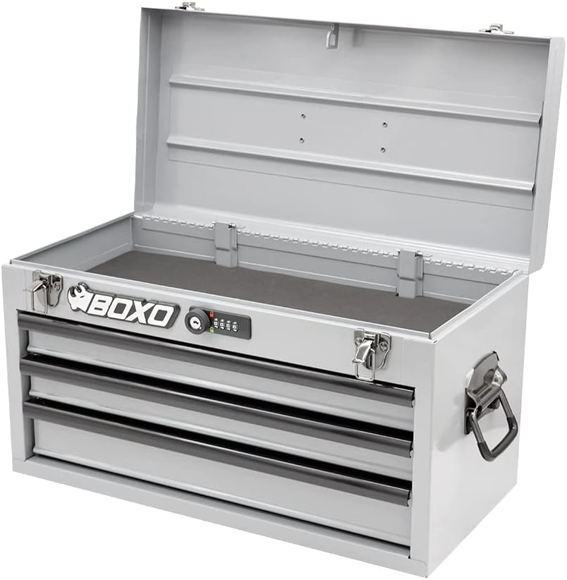 Boxo USA Heavy-Duty 3-Drawer Steel Tool Box - Portable Hand Carry Toolbox Organizer with Ball Bearing Slides & Secure Key & Digital Lock System (Nardo Gray)