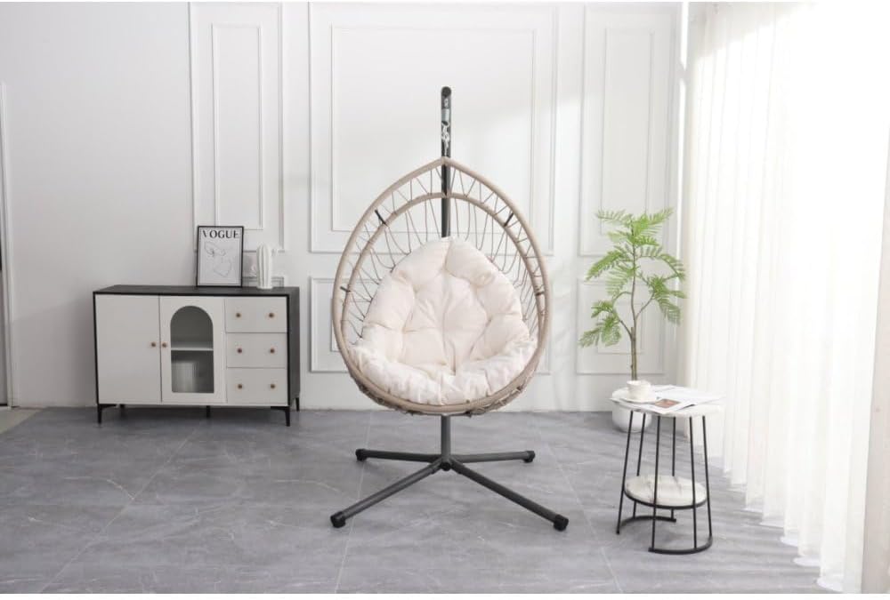 Outdoor Egg-Shaped Hanging Chair with Stand Patio Wicker Swing for Garden Relaxation Indoor Rocking Chair Comfortable Hammock Style (Beige Gray+White + HDPE)