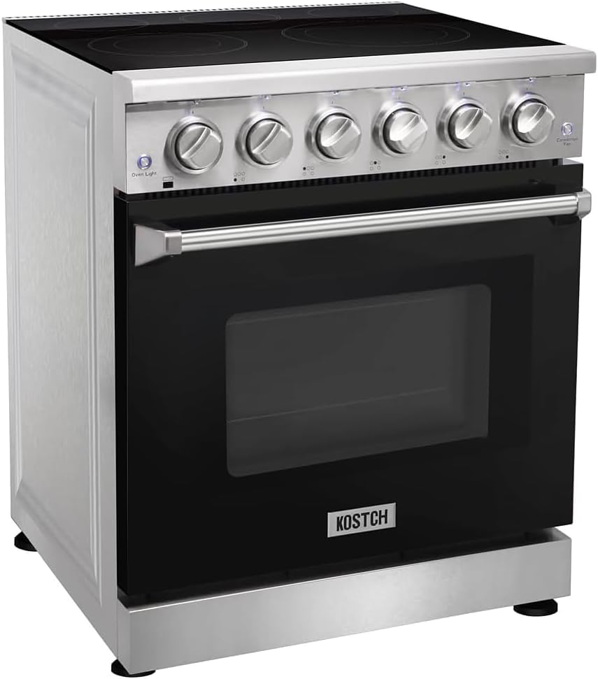 KOSTCH 30 inch Professional Electric Range with 5 Heating Elements Cooktop, 4.55 Cu. Ft. Convection Oven Capacity, Smooth Glass Top, in Stainless Steel, KOS-30RE06H (Black)