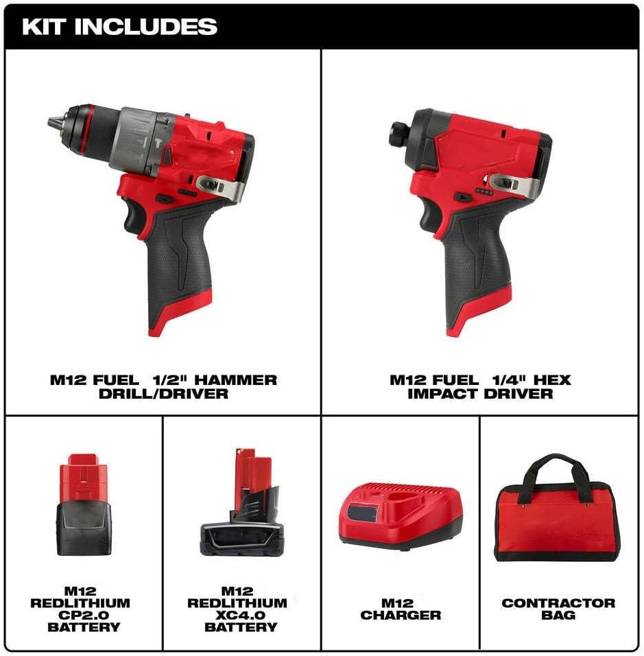 Suitable for Milwaukee 3497-22 M12 FUEL 12V Cordless Li-Ion 2-Tool Combo Kit w/ 2 Batteries, 14.5 x 3.8 x 10.2, Red, Black