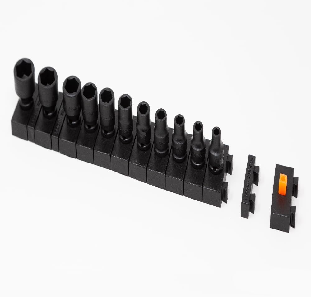 ToolBox Widget Socket Organizer ¼ Inch Pro Series – Modular Magnetic Socket Holder with Missing Tool Indicator – Size Stems NOT Included - 6 Pack, 72 Organizers