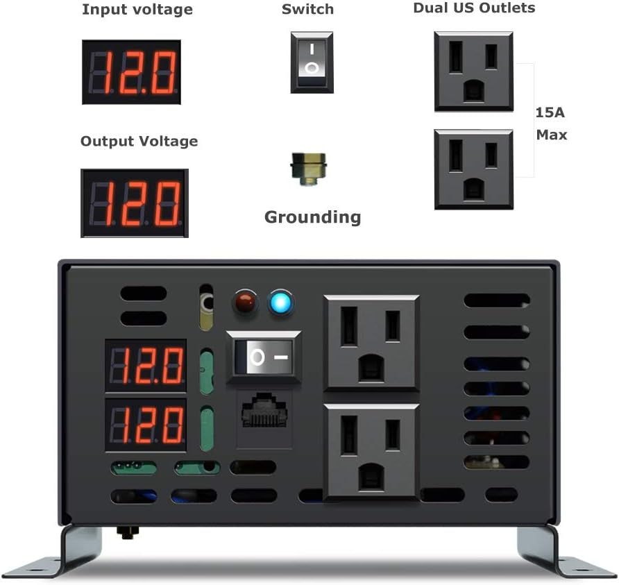 WZRELB 600W 12V 120V Pure Sine Wave Power Inverter with 2 AC Outlets Wired Remote Control