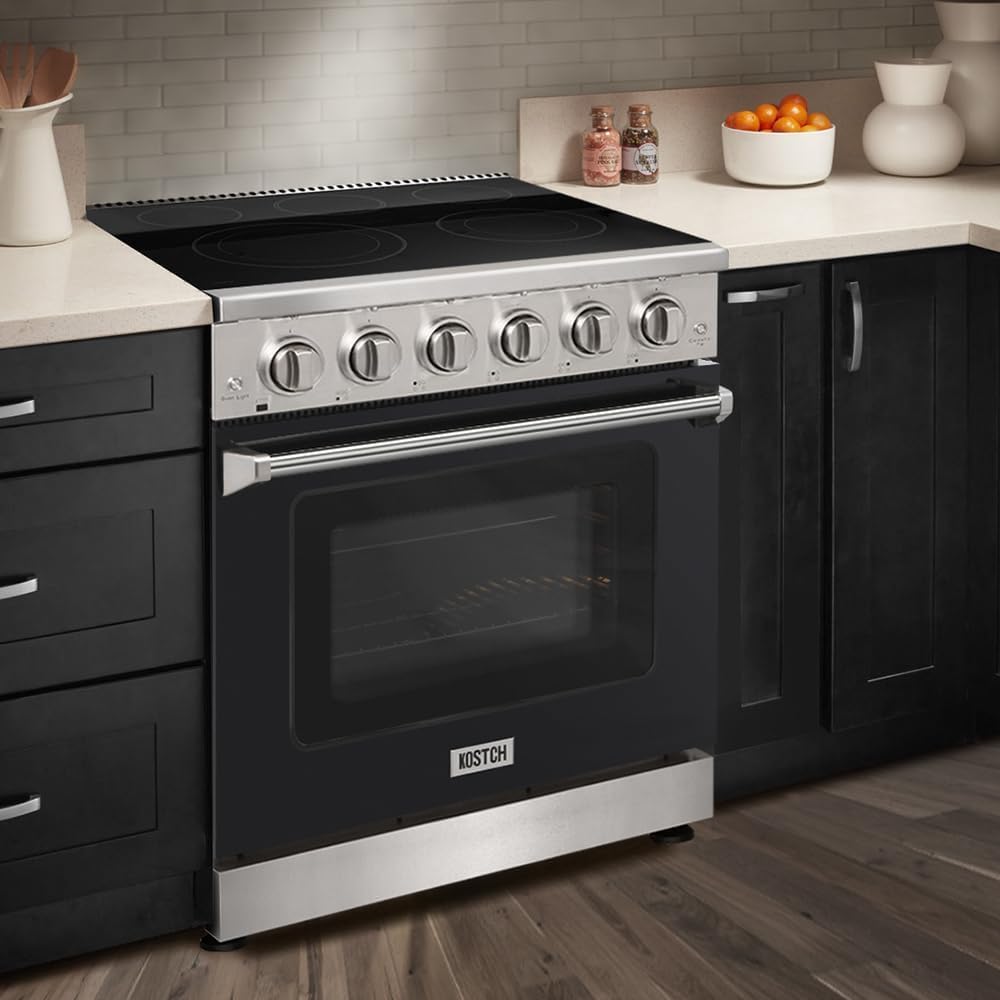 KOSTCH 30 inch Professional Electric Range with 5 Heating Elements Cooktop, 4.55 Cu. Ft. Convection Oven Capacity, Smooth Glass Top, in Stainless Steel, KOS-30RE06H (Black)
