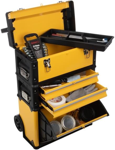Rolling Tool Box with Wheels - Stackable Tool Box Organizer - Portable Metal Toolbox Tool Chest with Drawers for Garage Workshop by Stalwart (Yellow)