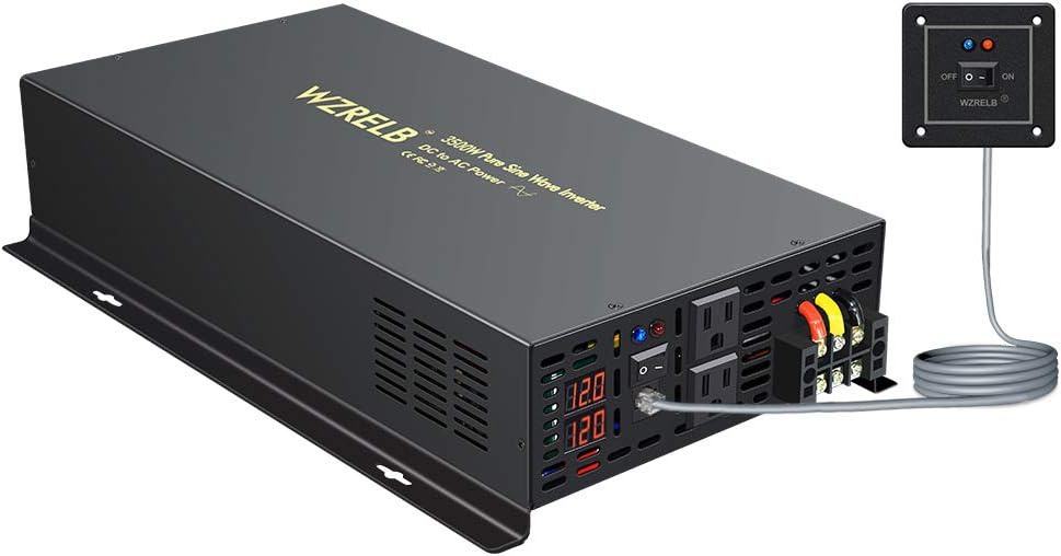 WZRELB 3500W 12VDC 120VAC Pure Sine Wave Power Inverter, 2 AC Outlets, Wired Remote Control, RV (RBP-350012WR)