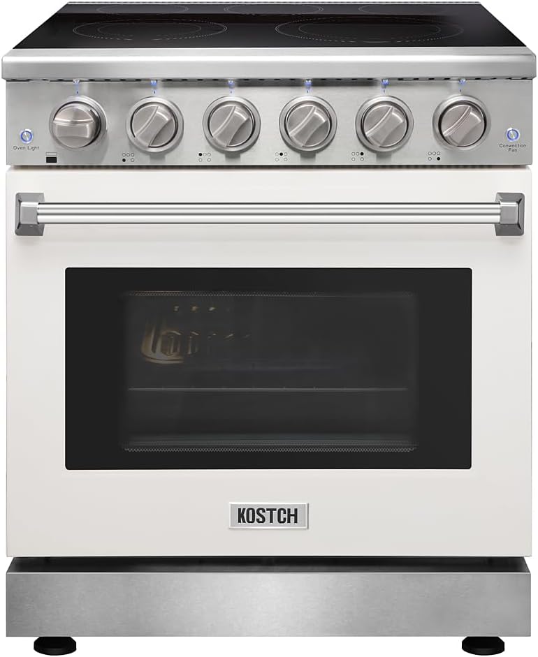 KOSTCH 30 inch Professional Electric Range with 5 Heating Elements Cooktop, 4.55 Cu. Ft. Convection Oven Capacity, Smooth Glass Top, in Stainless Steel, KOS-30RE06H (White)