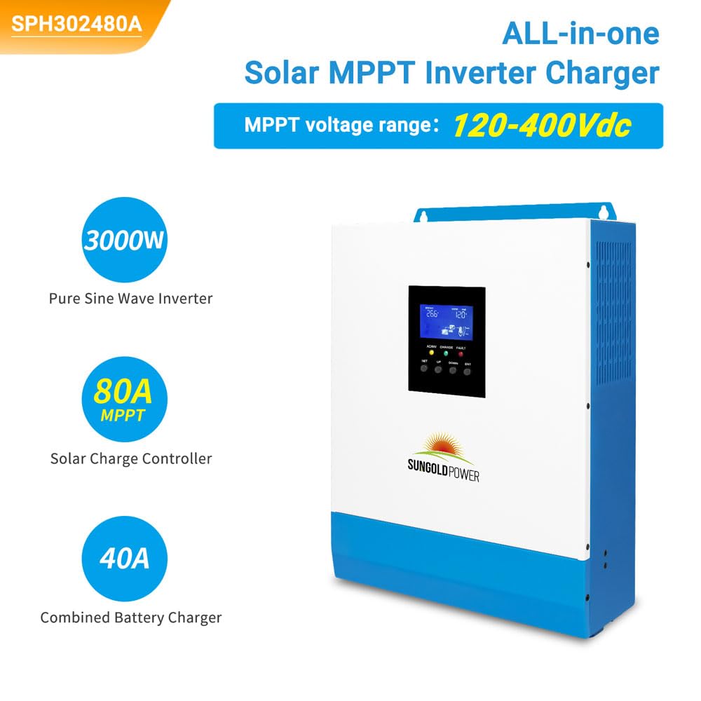SUNGOLDPOWER 3000W 24V Solar Inverter All in One, 120Vac Input,120V Output Pure Sine Wave, 80A MPPT(PV Range 120-450Vdc) Solar Charger and 40A AC Battery Charger in Off Grid System