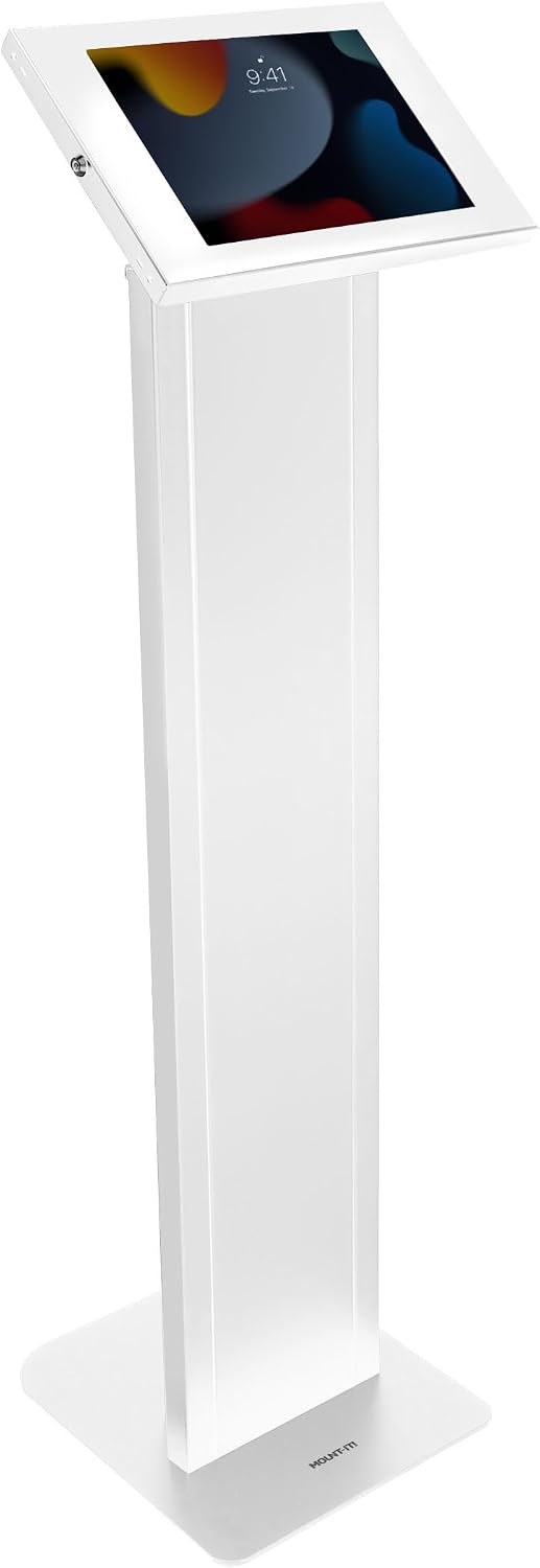 Mount-It! Anti-Theft iPad Floor Stand Kiosk, Locking Tablet Floor Stand for iPad Gen 7–11 & A16, Air & Pro (10.2'–11'), Commercial Kiosk for Retail, Lobby & Trade Show, White