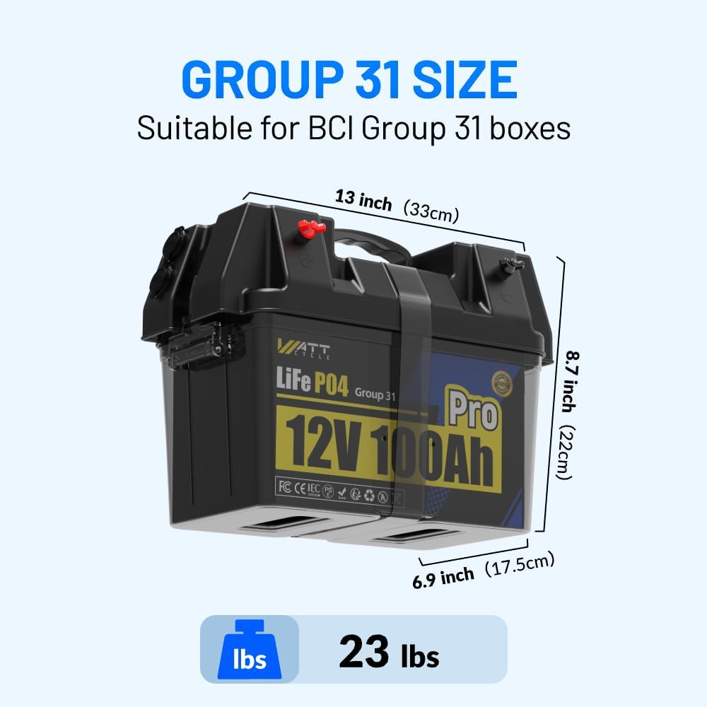 WattCycle 12V 100Ah LiFePO4 Lithium Battery, 1.28kWh BCI Group 31, Built-in 110A BMS & Low-Temperature Protection, 15000+ Deep Cycles Lithium RV Batteries for Home Energy, Marine, Solar
