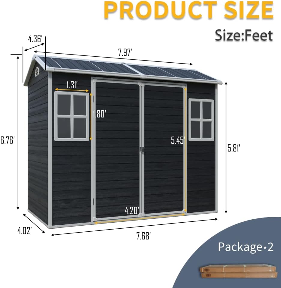 8x4FT Resin Garden Shed - Plastic Lean to Shed with Floor, Lockable Outdoor Storage Sheds for Patio Yard, Outdoor Shed with Floor Included (Black)