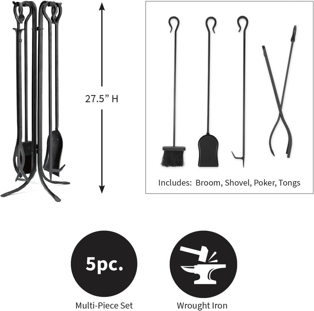 Plow & Hearth 5 Piece Hand Forged Iron Compact Fireplace Tool Set 27.5' | Black Wrought Iron Handle for Outdoor Indoor | Stand Poker Shovel Brush Log Tongs Wood Stove Accessory