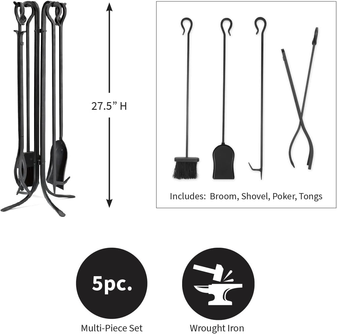 Plow & Hearth 5 Piece Hand Forged Iron Compact Fireplace Tool Set 27.5' | Black Wrought Iron Handle for Outdoor Indoor | Stand Poker Shovel Brush Log Tongs Wood Stove Accessory