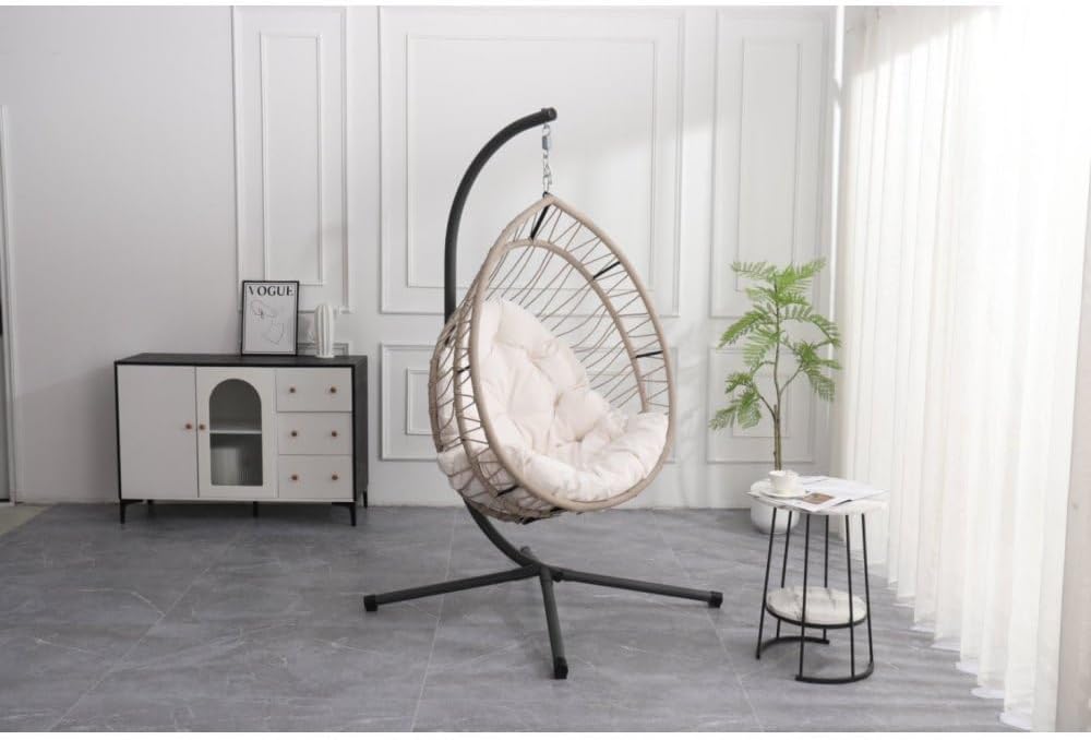 Outdoor Egg-Shaped Hanging Chair with Stand Patio Wicker Swing for Garden Relaxation Indoor Rocking Chair Comfortable Hammock Style (Beige Gray+White + HDPE)