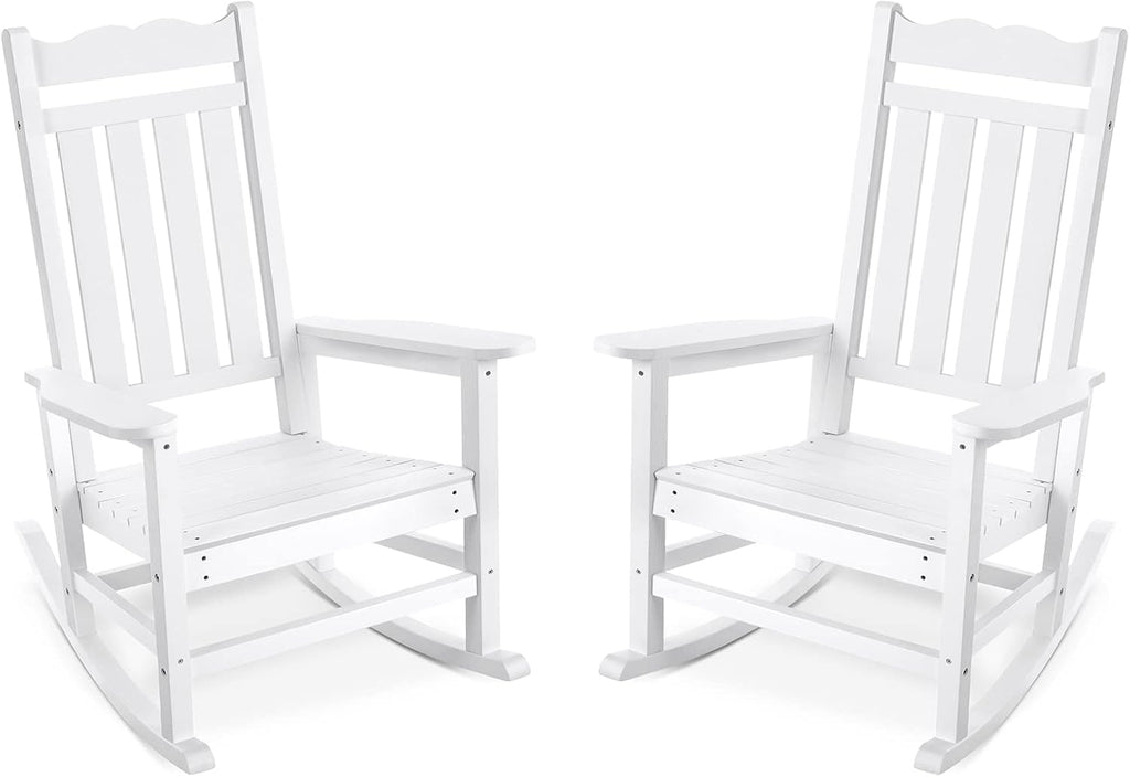 Stoog Set of 2 Outdoor Rocking Chairs, HIPS Plastic Porch Rocker with 400 lbs Weight Capacity, for Backyard, Fire Pit, Lawn, Garden and Indoor, White