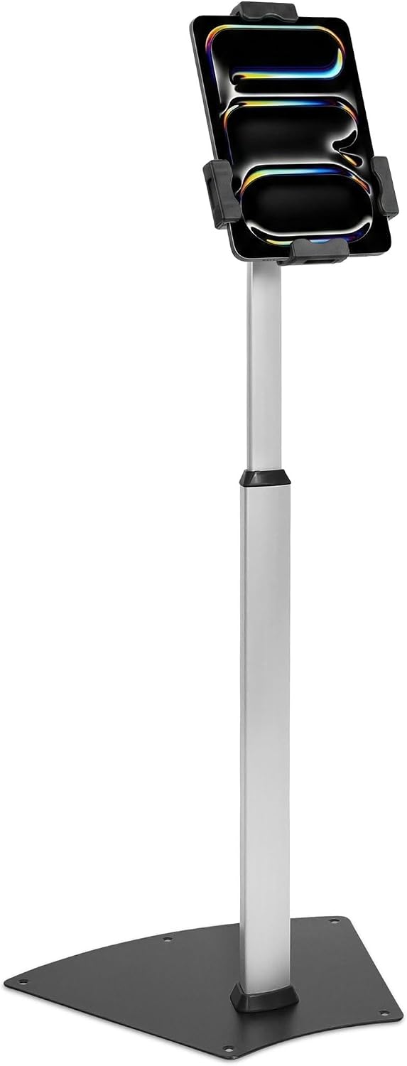 Mount-It! Anti-Theft Universal iPad & Samsung Tablet Floor Stand Kiosk, Locking Clamp, Height Adjustable 24.8'–42.5', 360° Rotating POS Kiosk for 7.9'–11' Tablets, Silver