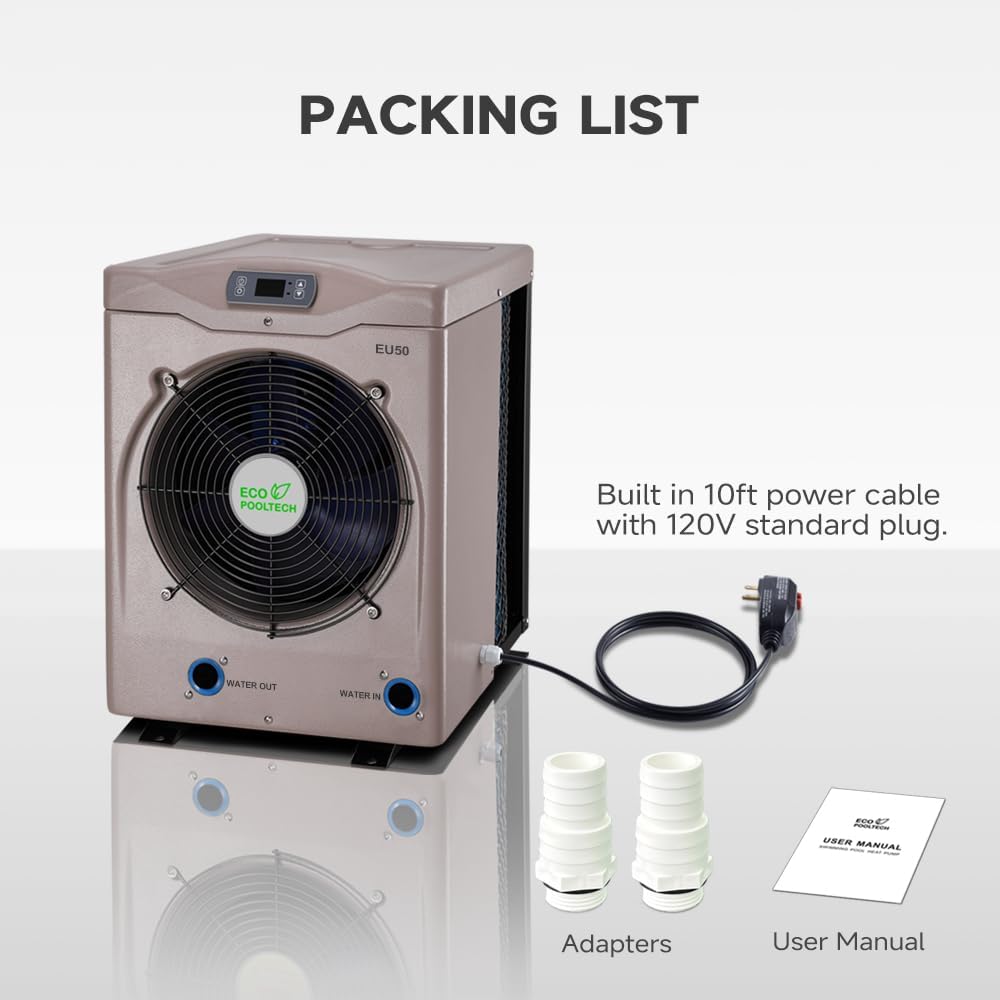 ECOPOOLTECH Swimming Pool Heat Pump, Electric Pool Heater for Above Ground Pool up to 5000 Gallons, Max 16184 BTU, 5.62 COP, Titanium Heat Exchanger, 110V-120V, EU50