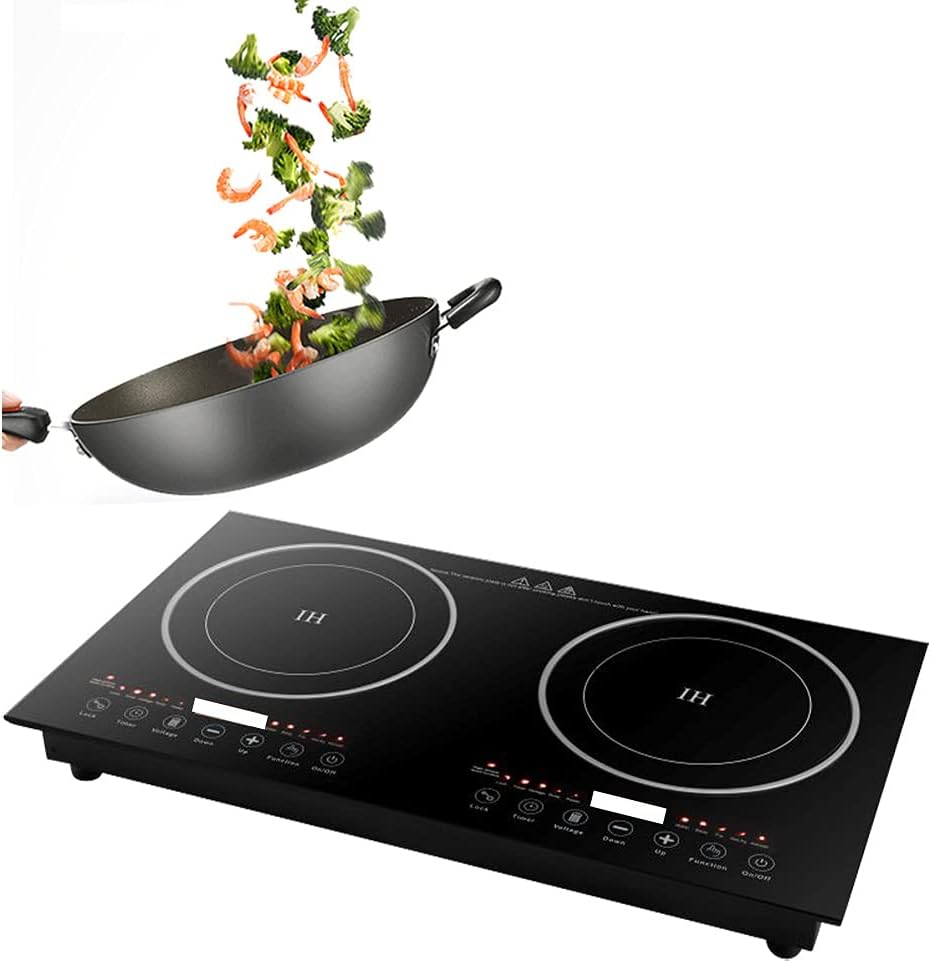 Electric Double Induction Cooktop, 1200W+1200W Countertop Burner Hot Plate, LCD Sensor Touch Screen Energy-Saving, 110V Portable Induction Cooktops 2 Burner with Timer