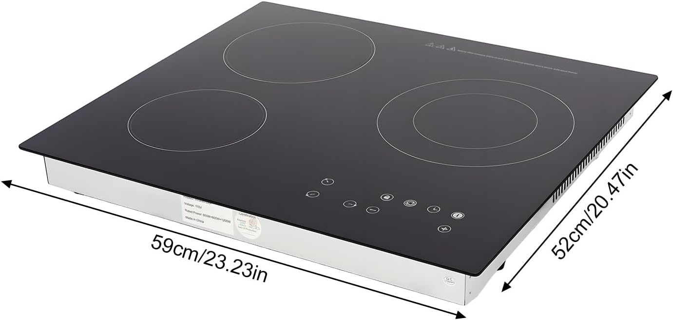 3 Burners Electric Ceramic Cooktop, 2600W 110V Built-in Radiant Stove Top with LED Display, 9 Heating Level and Kid Safety Lock, Sensor Touch Control (No Plug)