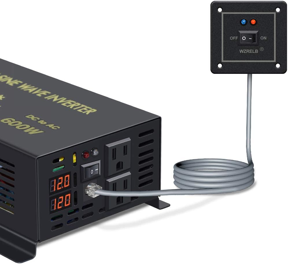 WZRELB 600W 12V 120V Pure Sine Wave Power Inverter with 2 AC Outlets Wired Remote Control