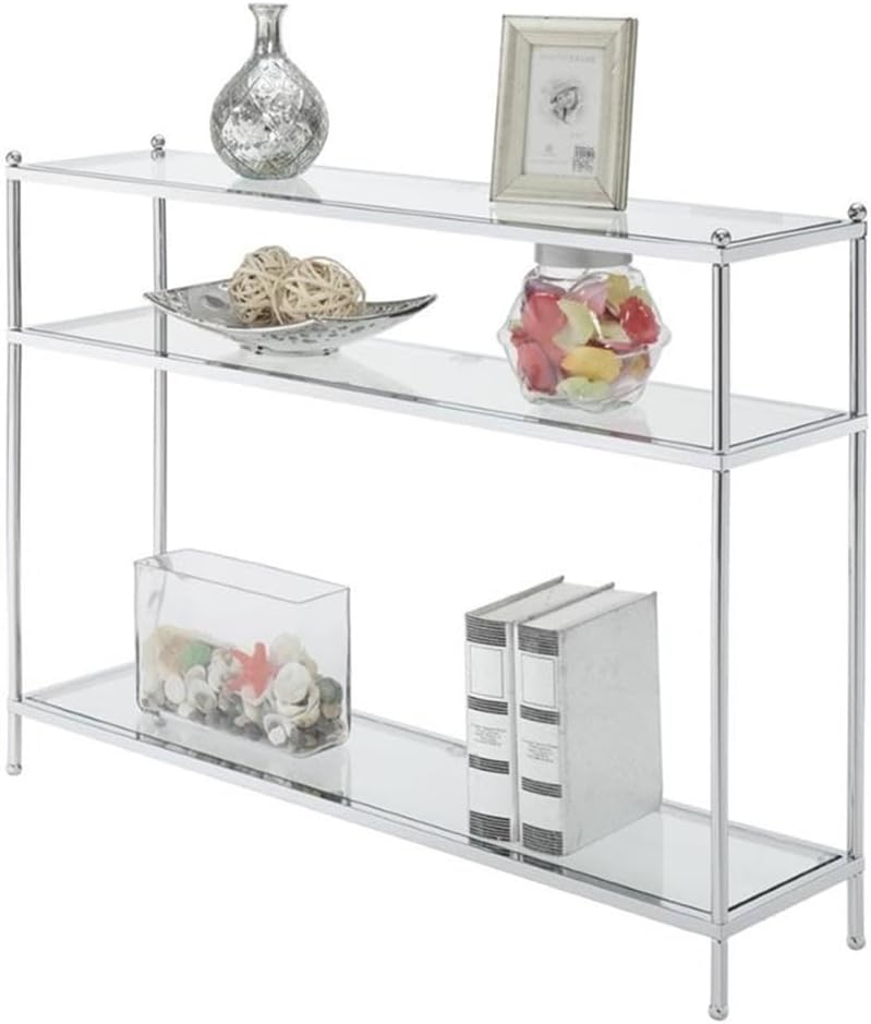 Convenience Concepts Royal Crest Glass Console Hall Table 42' - 3 Tier Modern, Contemporary Narrow Display Accent with Storage Shelves for Living Room, Entryway, Hallway, & Bedroom, Chrome
