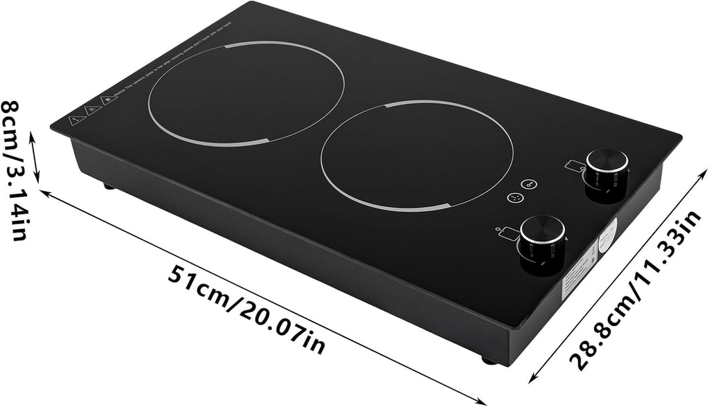 1200W+900W 20 Inch Electric Cooktop, 9 Levels 2 burner induction Built-in Plate Hot Plate Electric burner Double Induction Cooktop with LED touch Knob Control Overheat Protection for all Pans