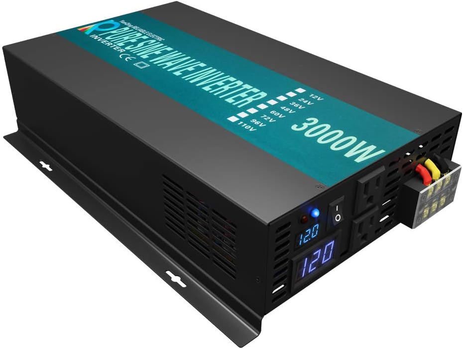 WZRELB 3000W Pure Sine Wave Solar Power Inverter 12VDC (10V-15V) to 110/120V AC, Output 25Amp Max,Off Grid System