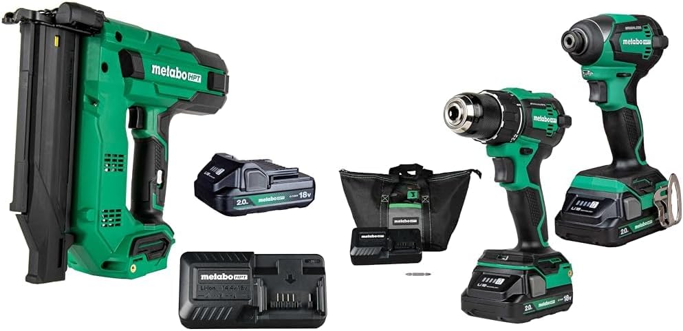 Bundle of Metabo HPT 18V MultiVolt™ 18-Ga Compact Cordless Brad Nailer Kit, NT1850DG + Metabo HPT 18V MultiVolt™ Cordless Brushless Driver Drill & Impact Driver Combo Kit, KC18DEXQB